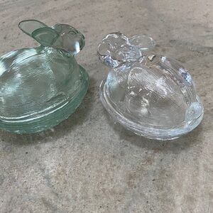 Vintage 2 Bubble Bunny Rabbit on Nest Covered Candy Dish Green and clear Glass